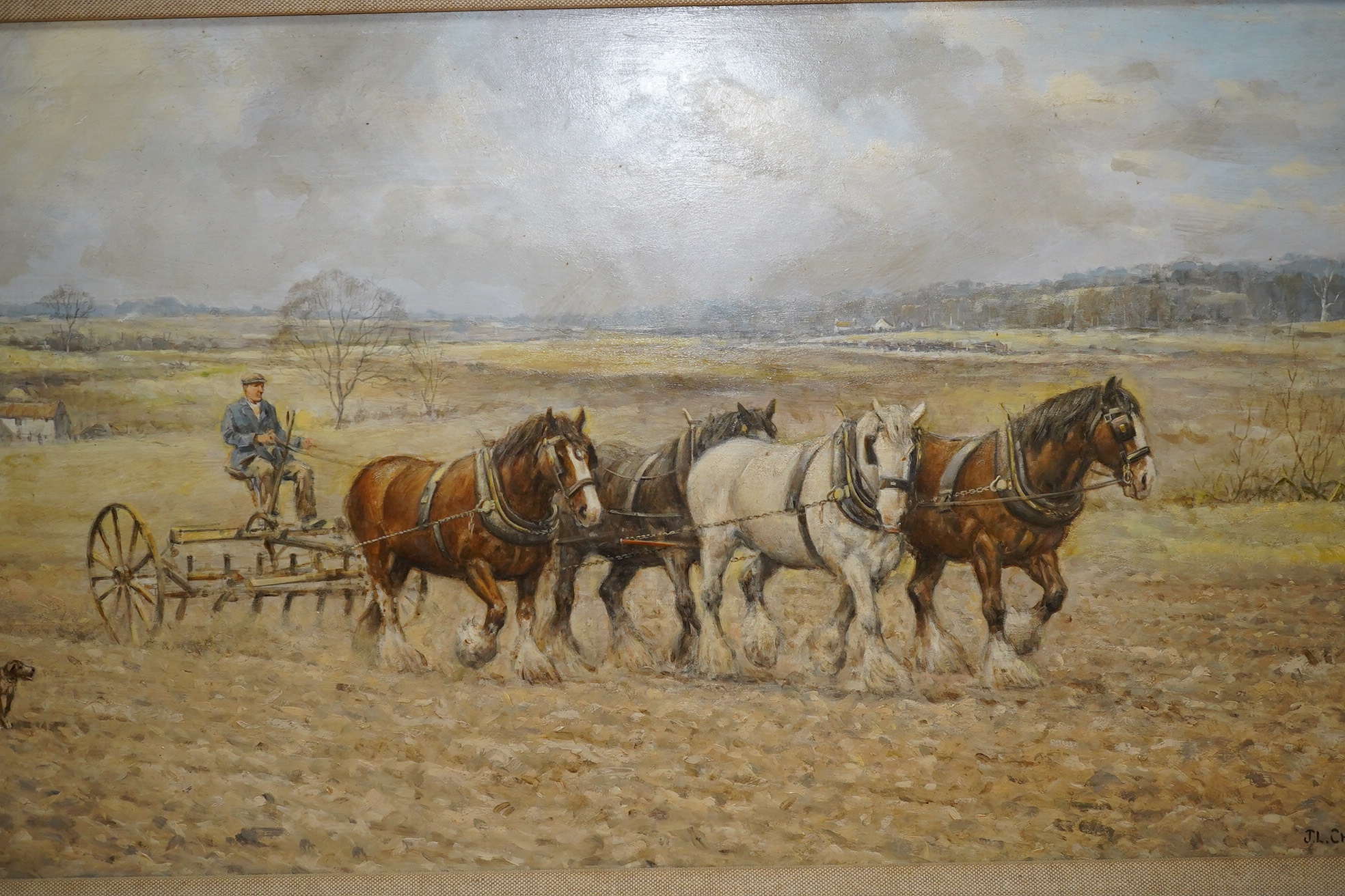 John Chapman (b.1946), pair of oils on board, Plough horses including ‘Spring Corn Drilling’, each signed, 29 x 60cm, ornate gilt framed. Condition - good